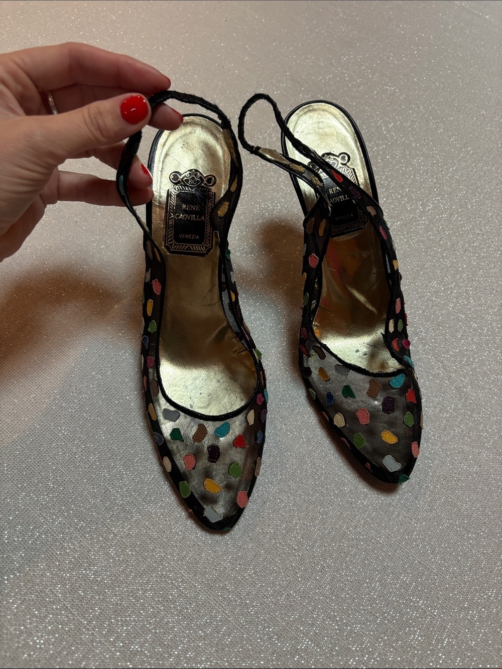 Rene Caovilla Black Mesh Slingback Pumps with Multicolor Dots